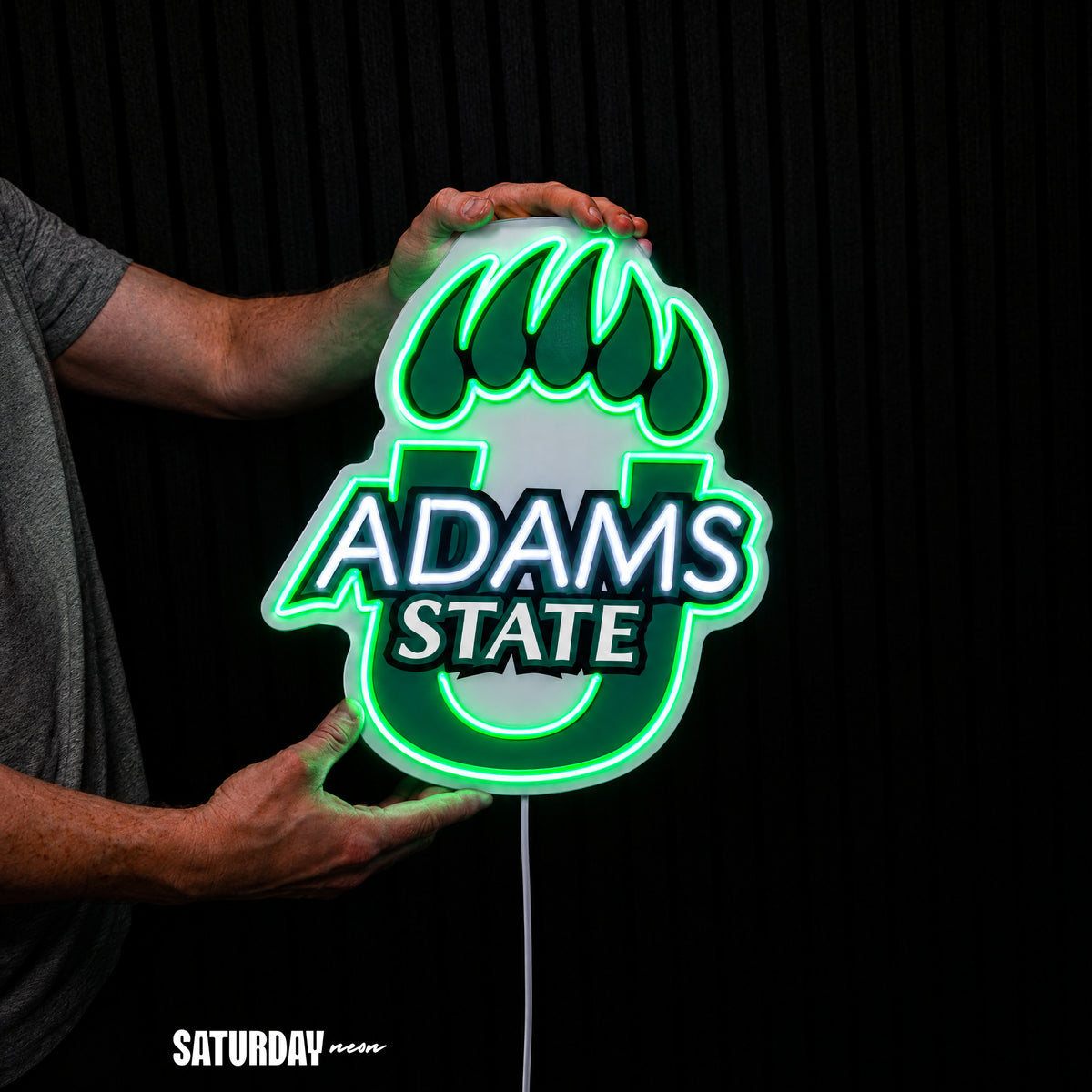 Adams State Grizzlies LED Neon Sign - Standard (13.42" x 15") held in hand for scale - Saturday Neon