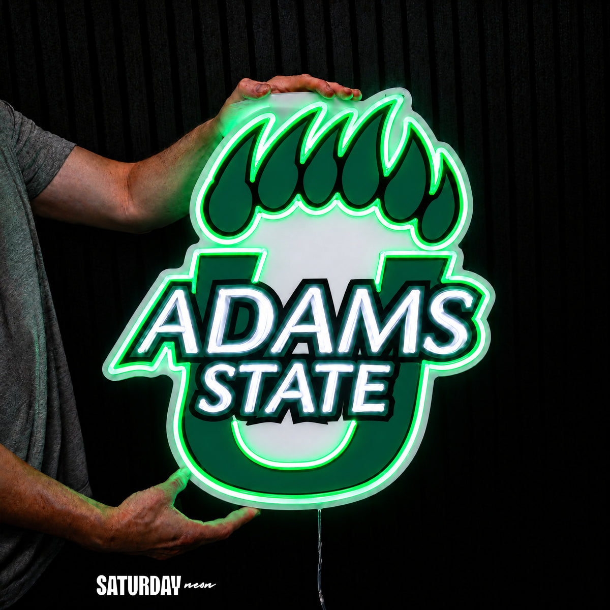Adams State Grizzlies LED Neon Sign - Plus (21.4" x 24") held in hand for scale - Saturday Neon