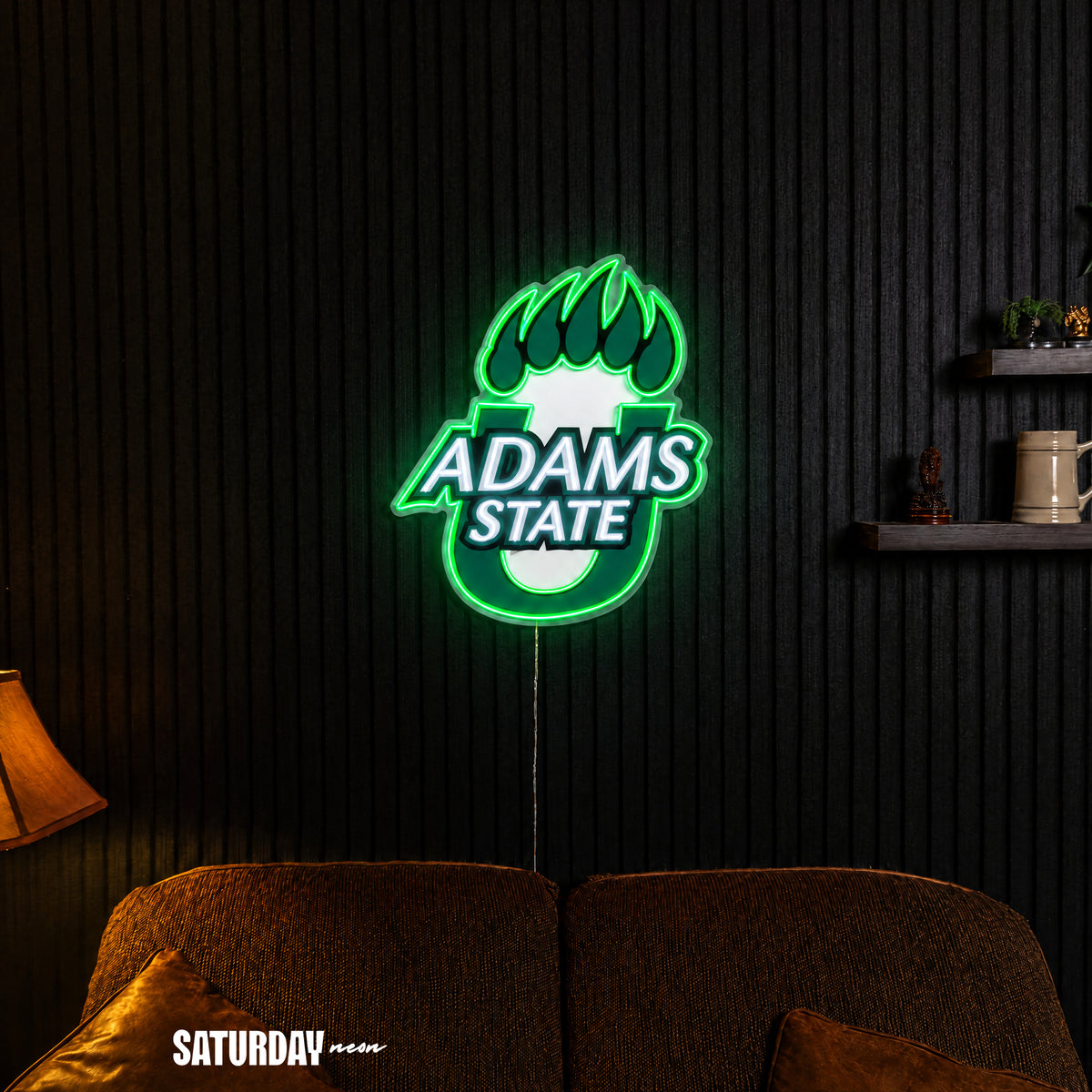 Adams State Grizzlies LED Neon Sign - Max (28.49" x 32") in a living room - Saturday Neon