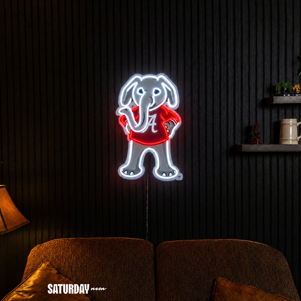 Alabama Crimson Tide Big Al Mascot LED Neon Sign - 15" x 24" in a living room - Saturday Neon