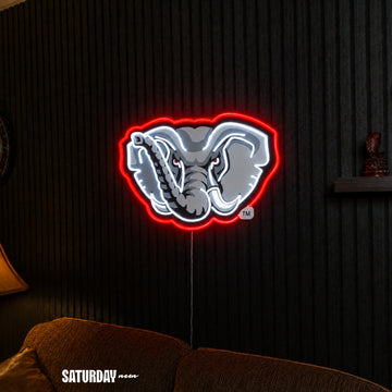 Alabama Crimson Tide Elephant LED Neon Sign - 24" x 16.5" above a couch - Saturday Neon