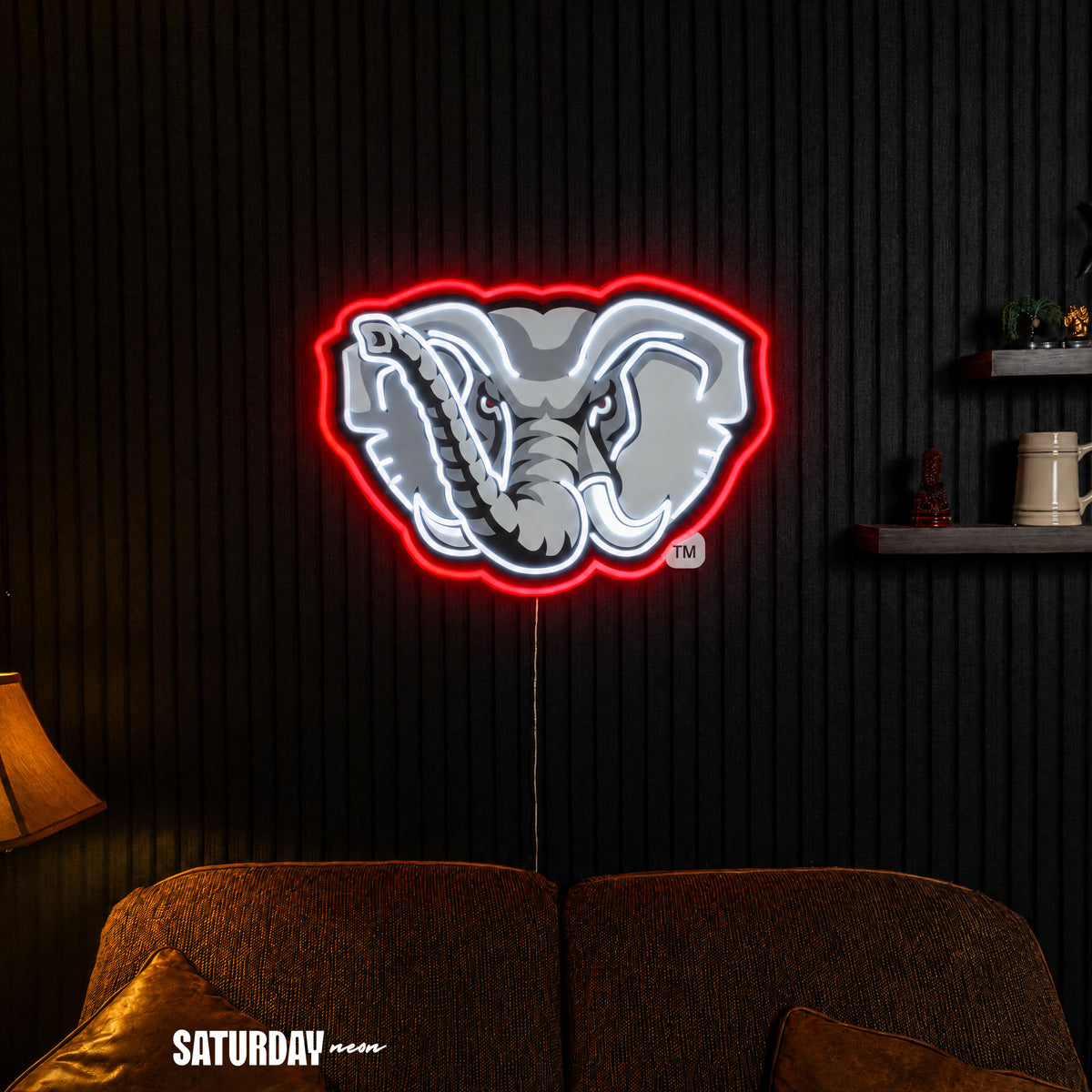 Alabama Crimson Tide Elephant LED Neon Sign - 24" x 16.5" in a living room - Saturday Neon
