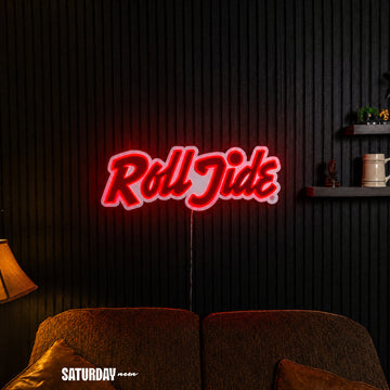 Alabama Roll Tide Script LED Neon Sign - 24" x 8.3" in a living room - Saturday Neon