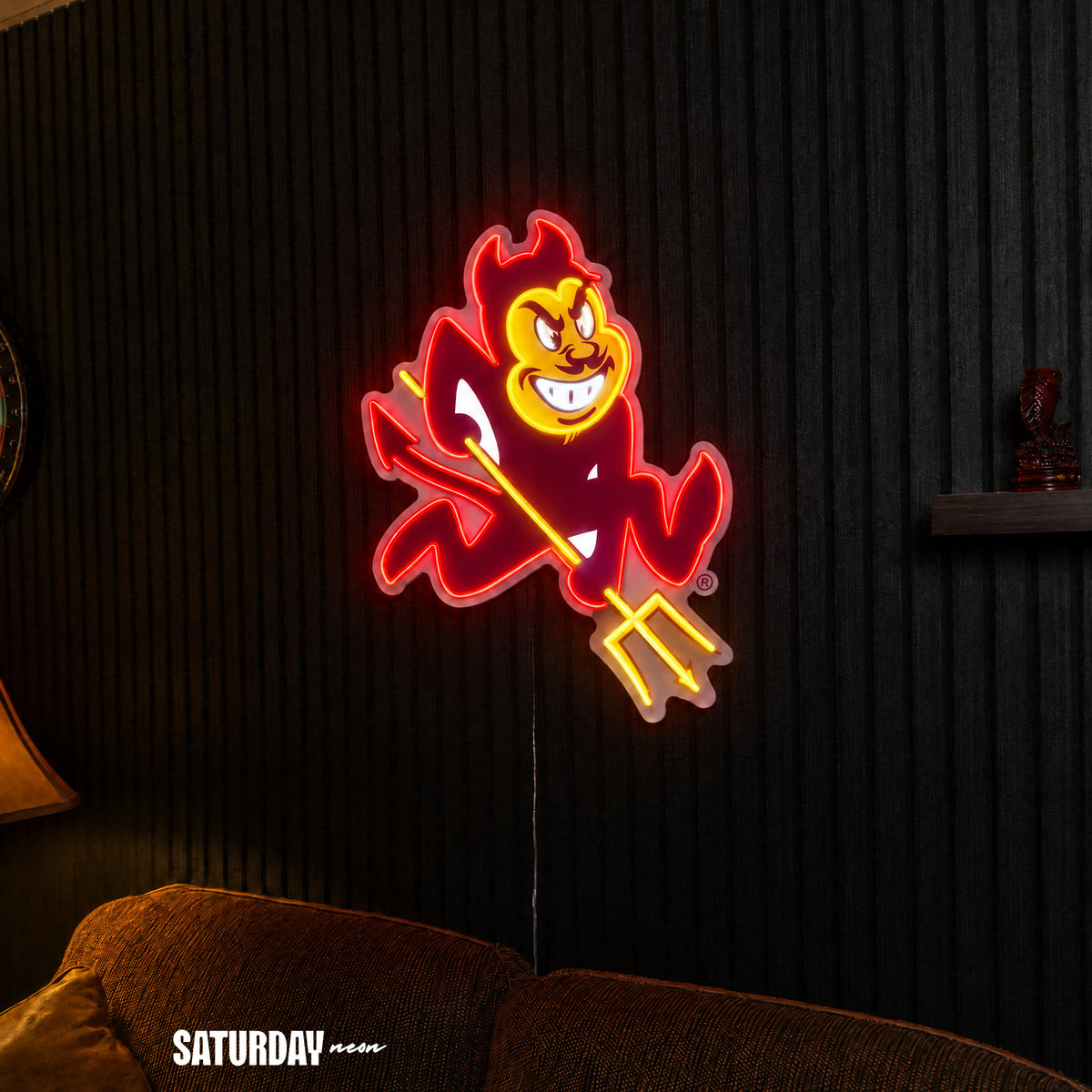 Arizona State Sun Devils Sparky Mascot LED Neon Sign - 17.81" x 24" above a couch - Saturday Neon