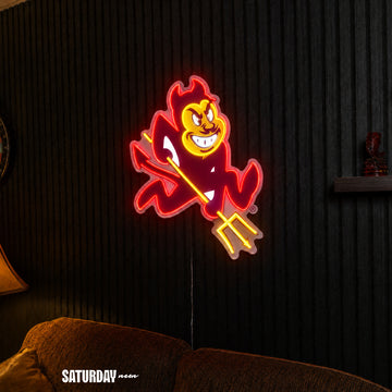 Arizona State Sun Devils Sparky Mascot LED Neon Sign - 17.81" x 24" above a couch - Saturday Neon