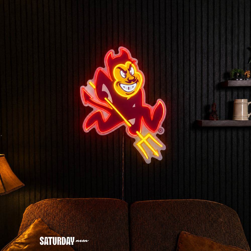 Arizona State Sun Devils Sparky Mascot LED Neon Sign - 17.81" x 24" in a living room - Saturday Neon
