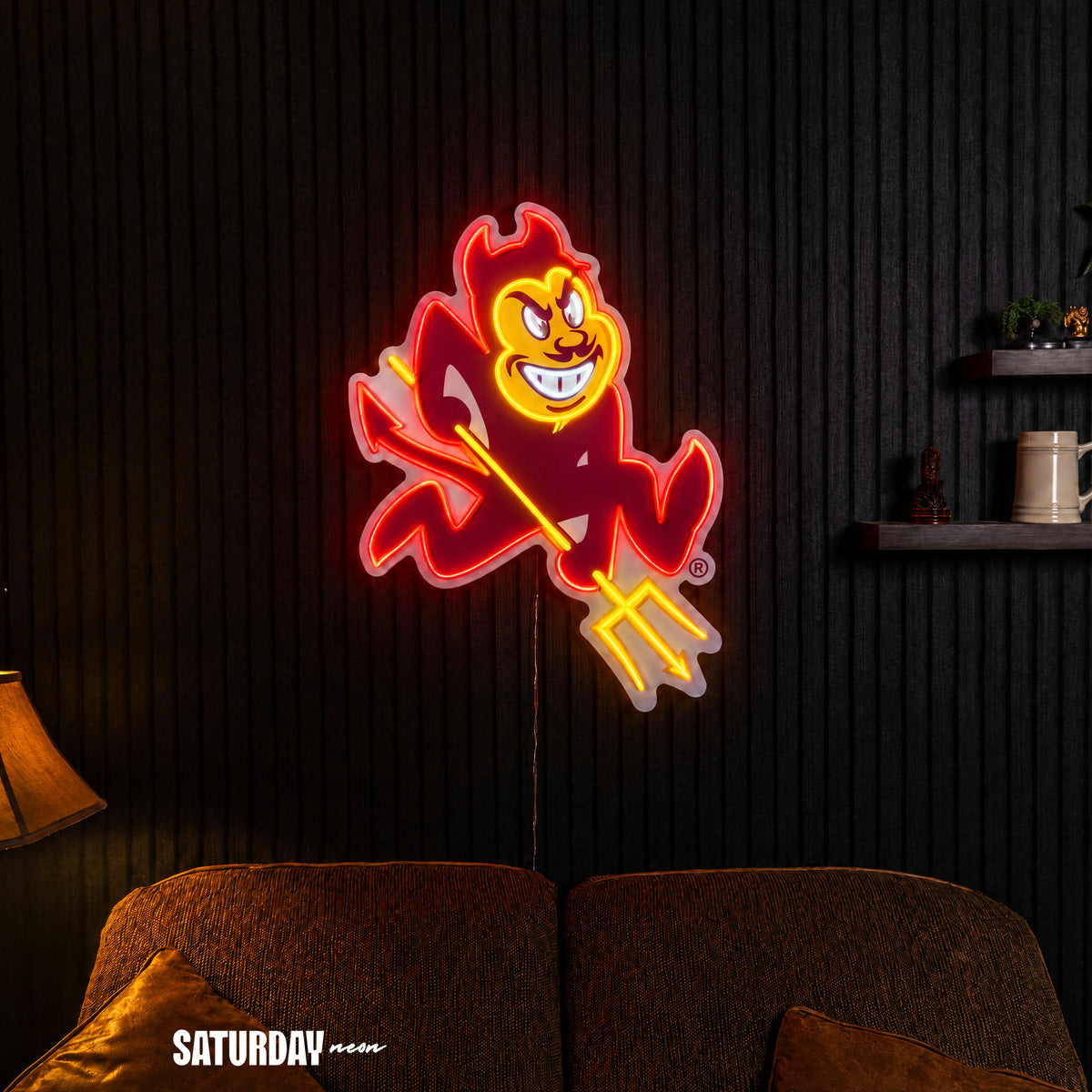 Arizona State Sun Devils Sparky Mascot LED Neon Sign - 17.81" x 24" in a living room - Saturday Neon