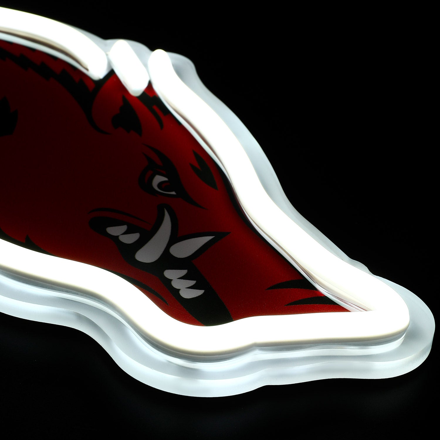 Arkansas Razorbacks Logo LED neon sign at a side angle, lit