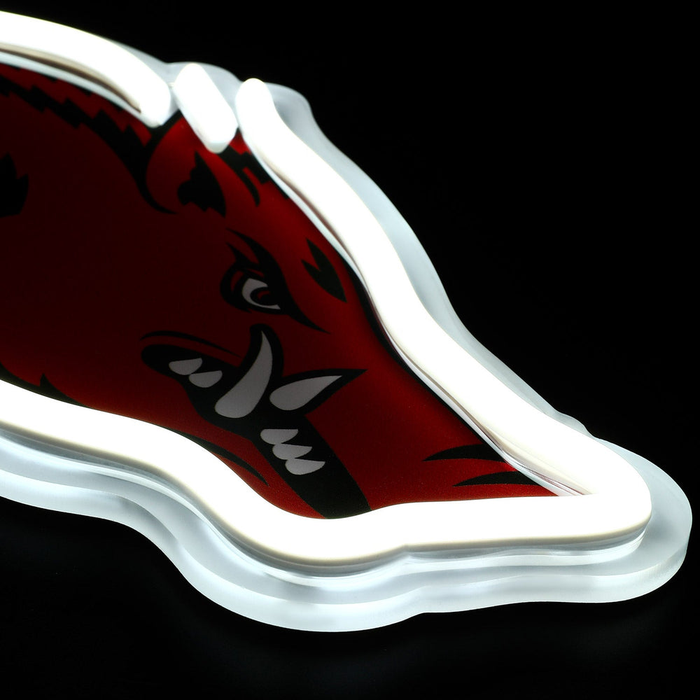 Arkansas Razorbacks Logo LED neon sign at a side angle, lit