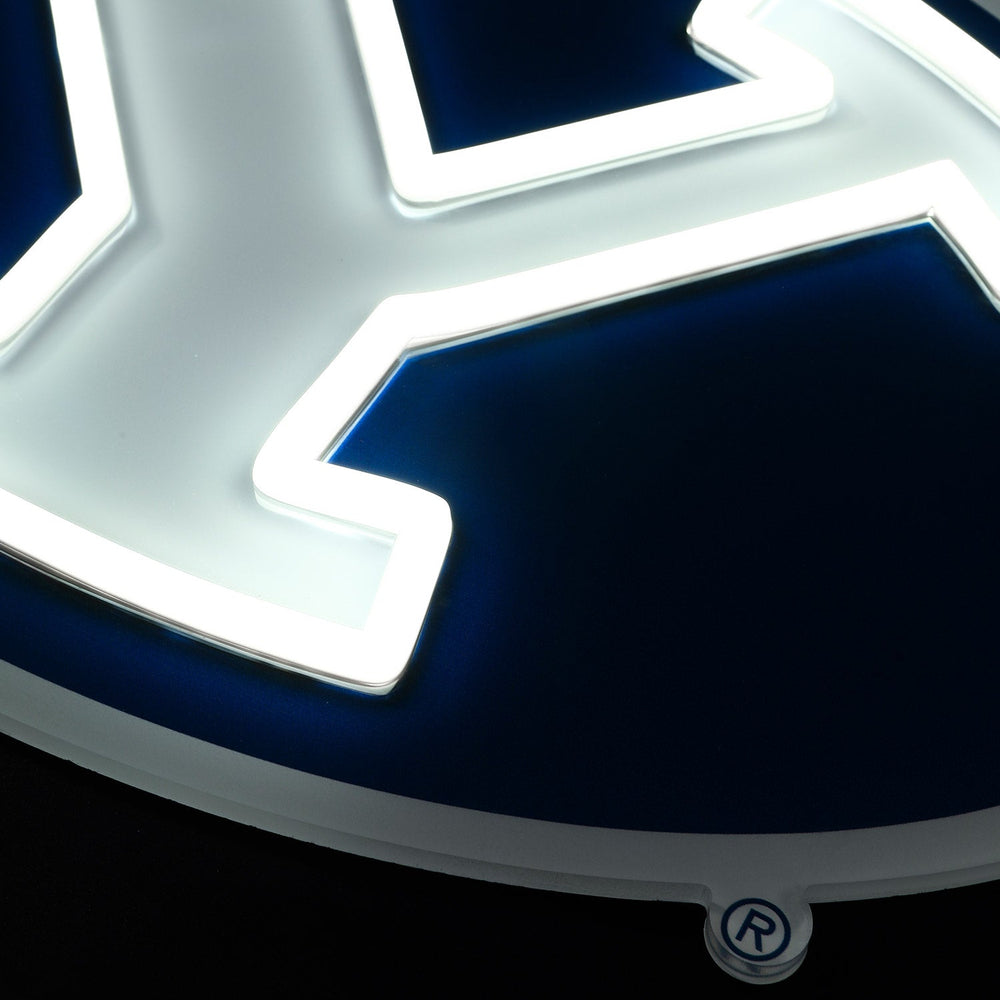 BYU Cougars logo LED neon sign at a side angle, lit