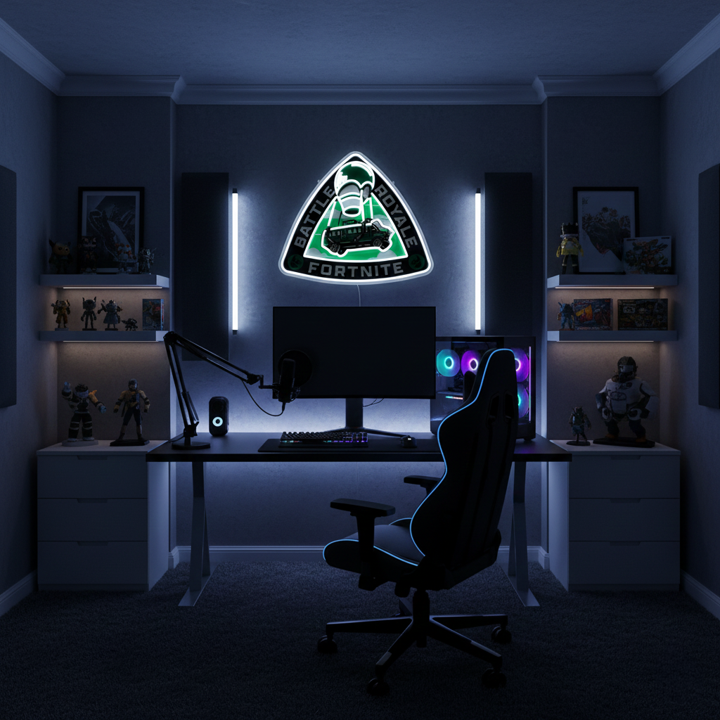 Gaming setup with a neon Fortnite logo on the wall in a dark room.
