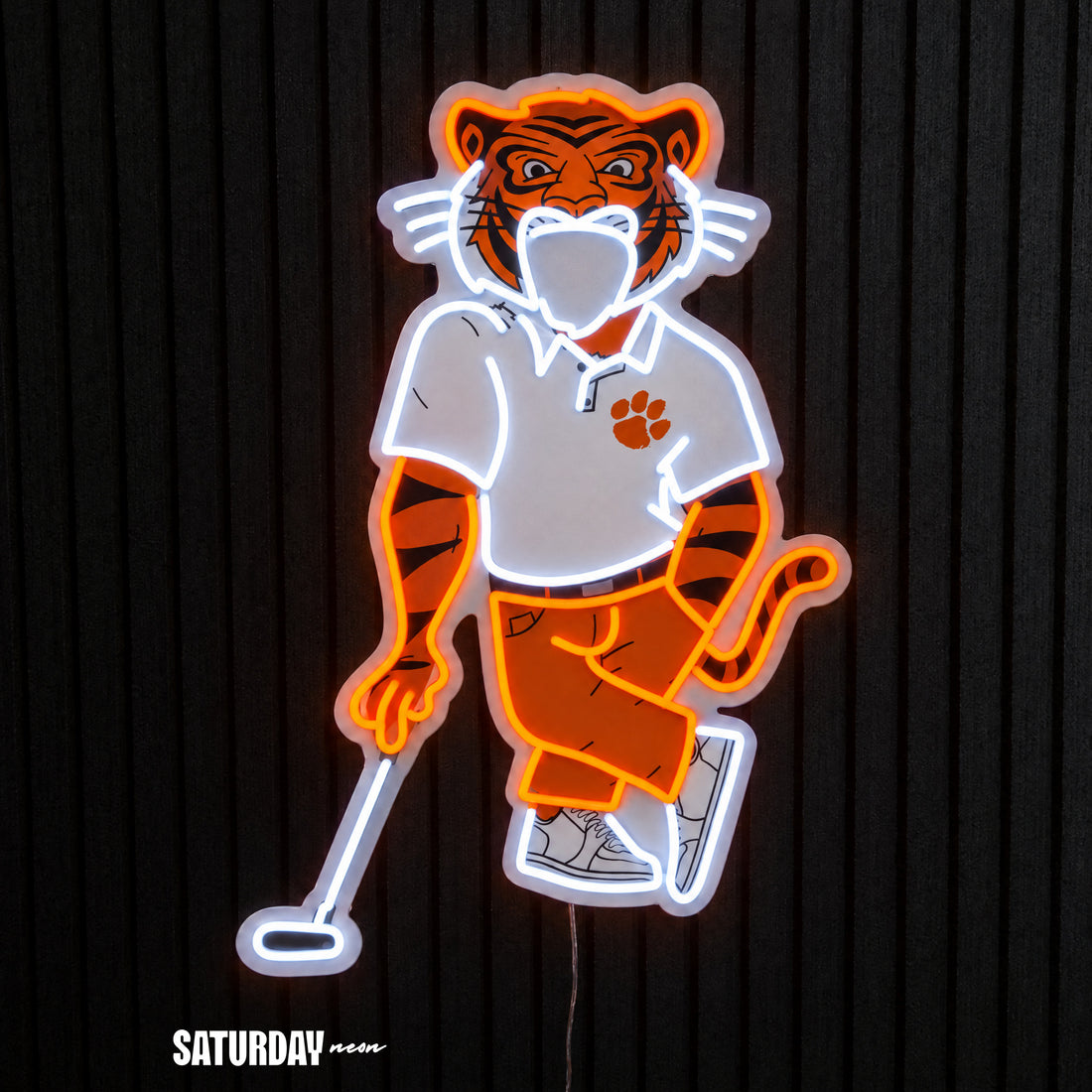 Clemson Tigers Swinging Tiger Golf Mascot LED Neon Sign - 17.54" x 24" - Saturday Neon