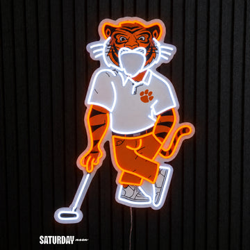 Clemson Tigers Swinging Tiger Golf Mascot LED Neon Sign - 17.54" x 24" - Saturday Neon