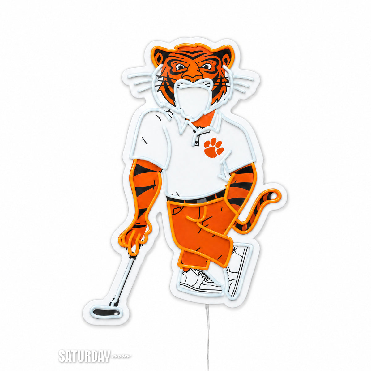 Clemson Tigers Swinging Tiger Golf Mascot LED Neon Sign - 17.54" x 24" switched off - Saturday Neon