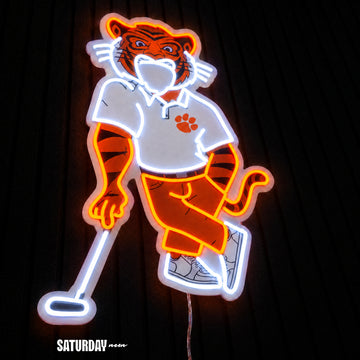 Clemson Tigers Swinging Tiger Golf Mascot LED Neon Sign - 17.54" x 24" close-up - Saturday Neon