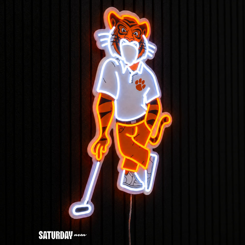 Clemson Tigers Swinging Tiger Golf Mascot LED Neon Sign - 17.54" x 24" side view - Saturday Neon