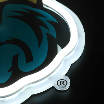 Coastal Carolina Chanticleers logo LED neon sign at a side angle, lit