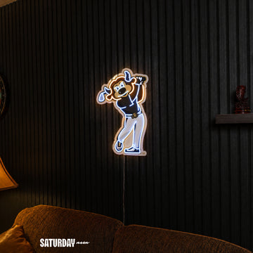Colorado Buffaloes Chip Golf Mascot LED Neon Sign - 14.96" x 24" above a couch - Saturday Neon