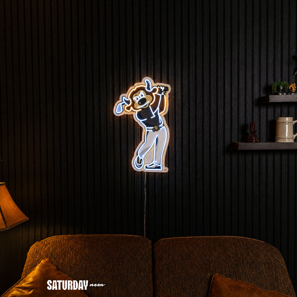 Colorado Buffaloes Chip Golf Mascot LED Neon Sign - 14.96" x 24" in a living room - Saturday Neon
