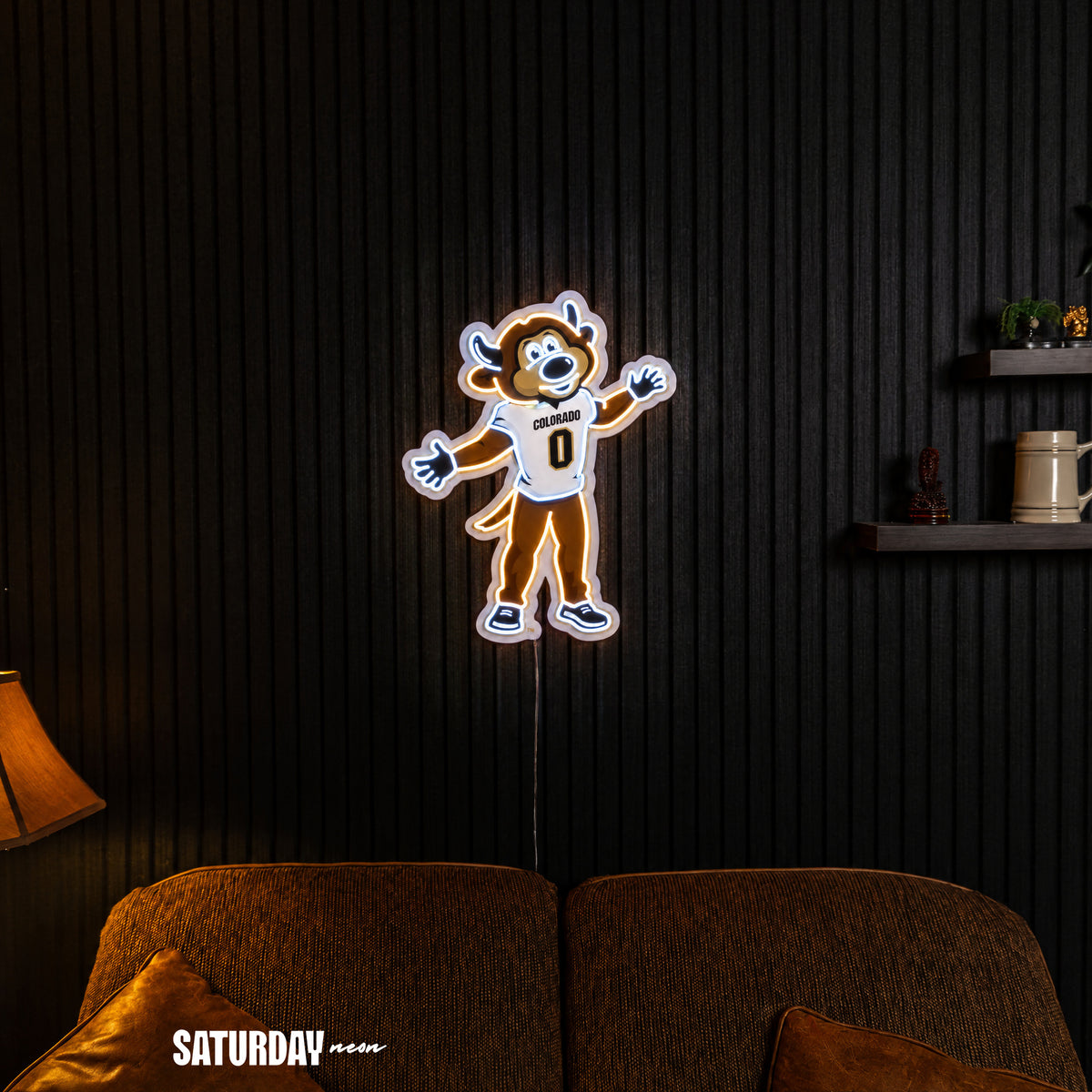 Colorado Buffaloes Chip Mascot LED Neon Sign - 18.39" x 24" in a living room - Saturday Neon