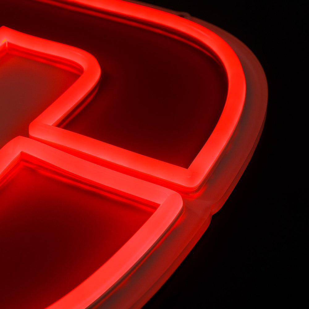 Dayton Flyers logo LED neon sign at a side angle, lit