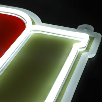 Denver Pioneers logo LED neon sign at a side angle, lit