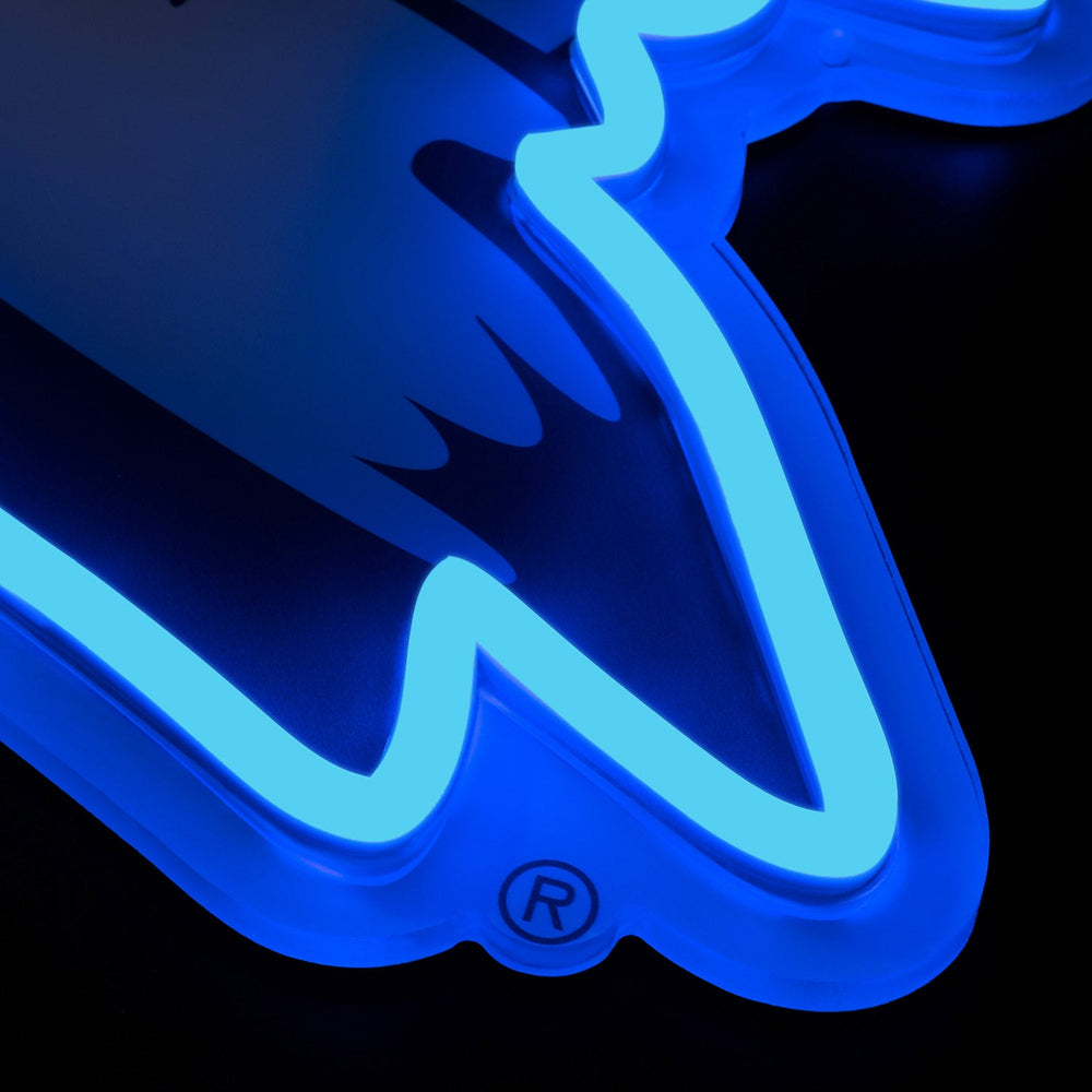 Duke Blue Devils logo LED neon sign at a side angle, lit