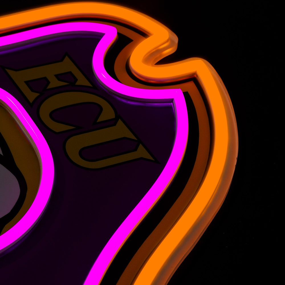 ECU Pirates logo LED neon sign at a side angle, lit