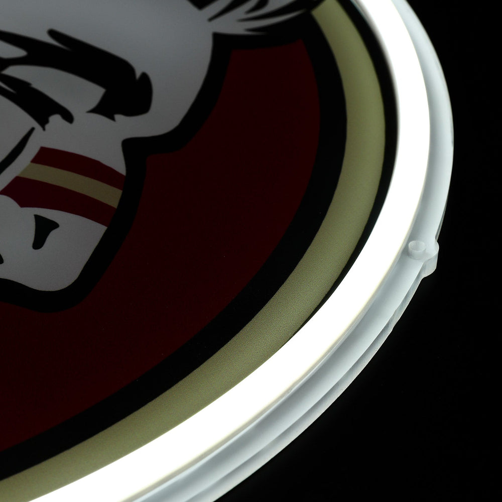 Florida State Seminoles logo LED neon sign at a side angle, lit
