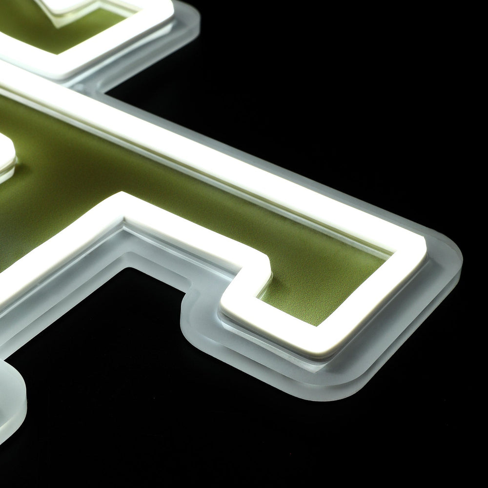 Georgia Tech Yellow Jackets logo LED neon sign at a side angle, lit