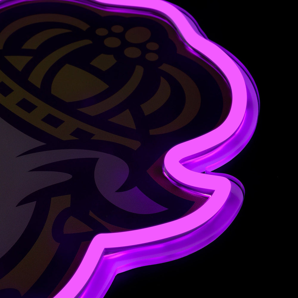 JMU Dukes logo LED neon sign at a side angle, lit