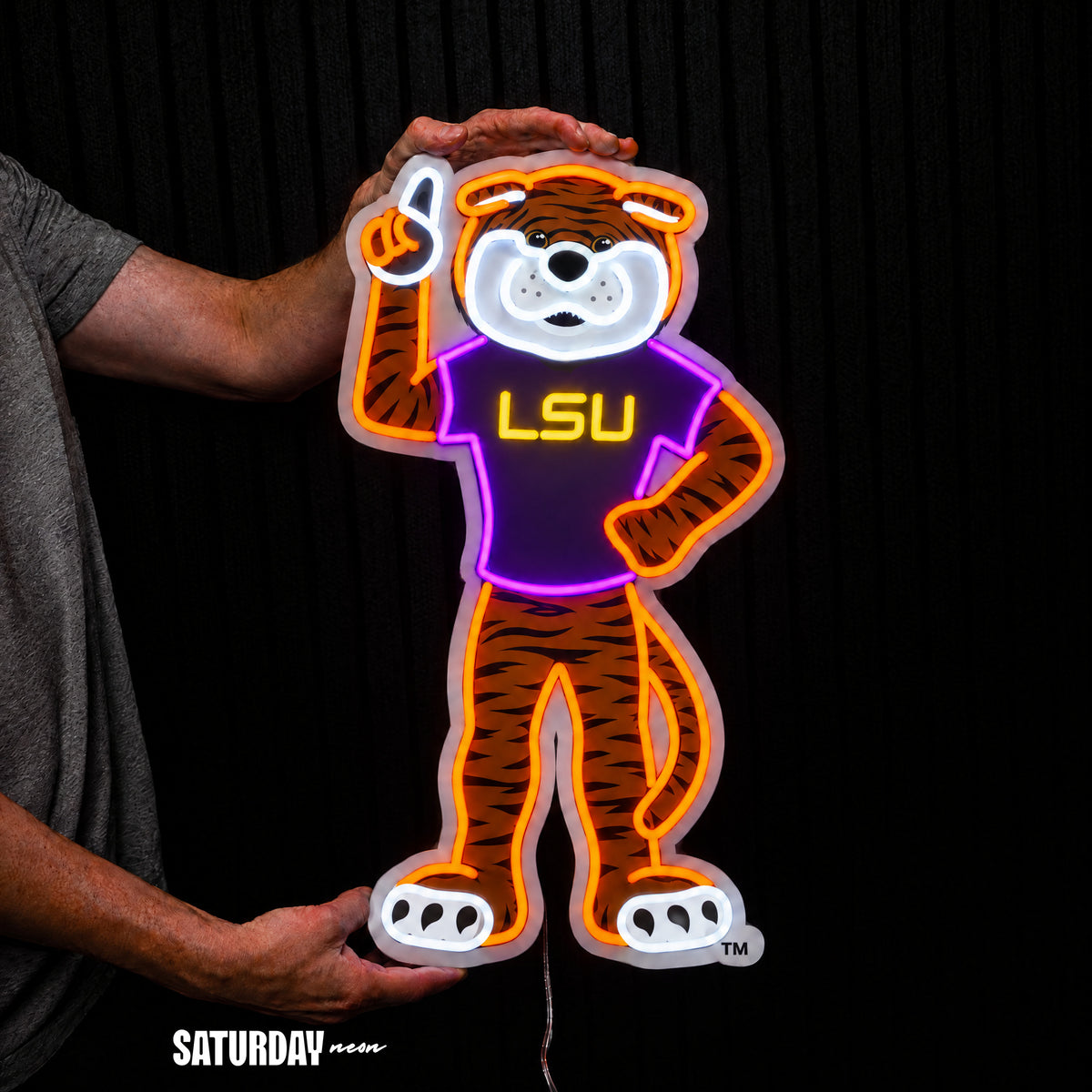 LSU Tigers Mike the Tiger Mascot LED Neon Sign - 15.1" x 24" held in hand for scale - Saturday Neon