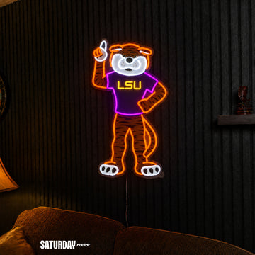 LSU Tigers Mike the Tiger Mascot LED Neon Sign - 15.1" x 24" above a couch - Saturday Neon
