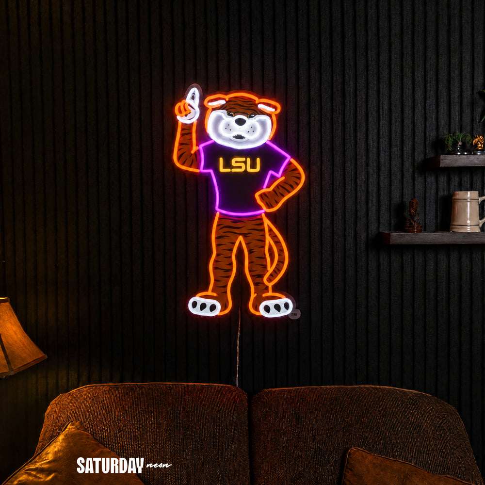 LSU Tigers Mike the Tiger Mascot LED Neon Sign - 15.1" x 24" in a living room - Saturday Neon