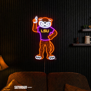 LSU Tigers Mike the Tiger Mascot LED Neon Sign - 15.1" x 24" in a living room - Saturday Neon