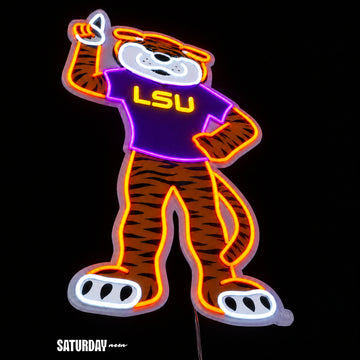LSU Tigers Mike the Tiger Mascot LED Neon Sign - 15.1" x 24" close-up - Saturday Neon