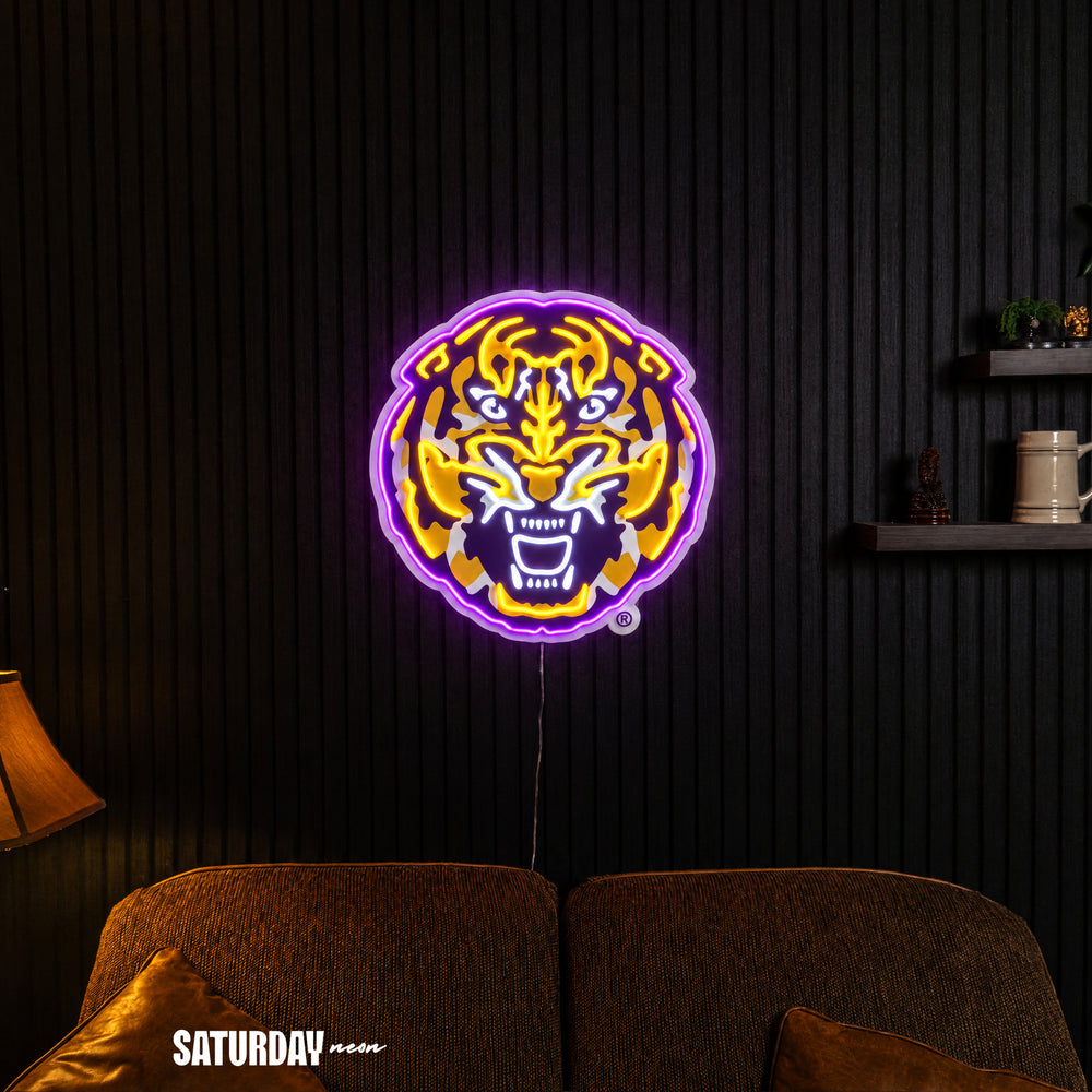 LSU Tigers Tiger Head LED Neon Sign - 24" x 24" in a living room - Saturday Neon