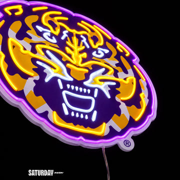 LSU Tigers Tiger Head LED Neon Sign - 24" x 24" close-up - Saturday Neon