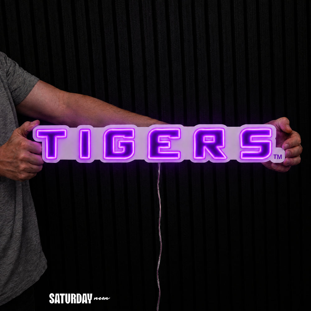 LSU Tigers Wordmark LED Neon Sign - 24" x 3.4" held in hand for scale - Saturday Neon