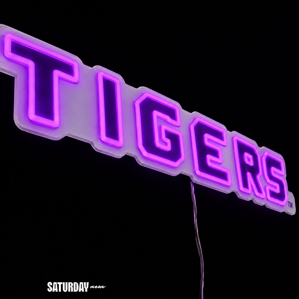 LSU Tigers Wordmark LED Neon Sign - 24" x 3.4" close-up - Saturday Neon