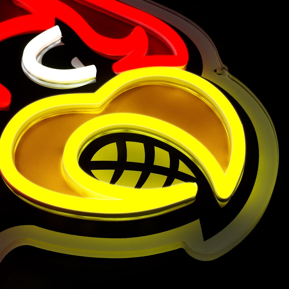 Louisville Cardinals logo LED neon sign at a side angle, lit