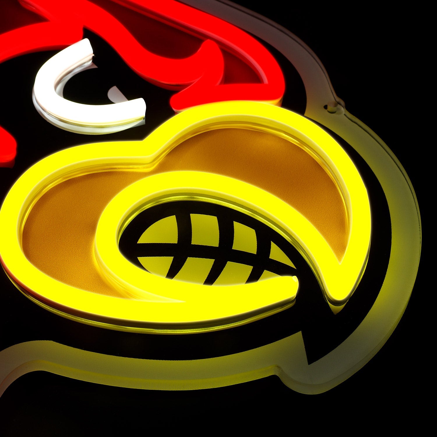 Louisville Cardinals logo LED neon sign at a side angle, lit