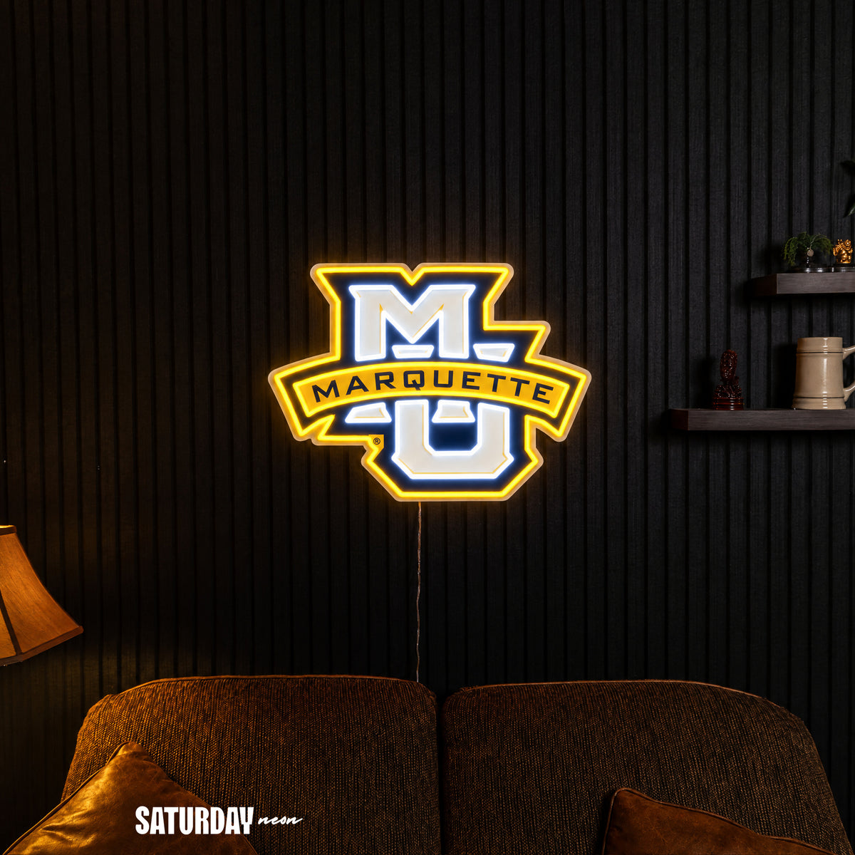 Marquette Golden Eagles MU LED Neon Sign - Plus (24" x 18.19") in a living room - Saturday Neon