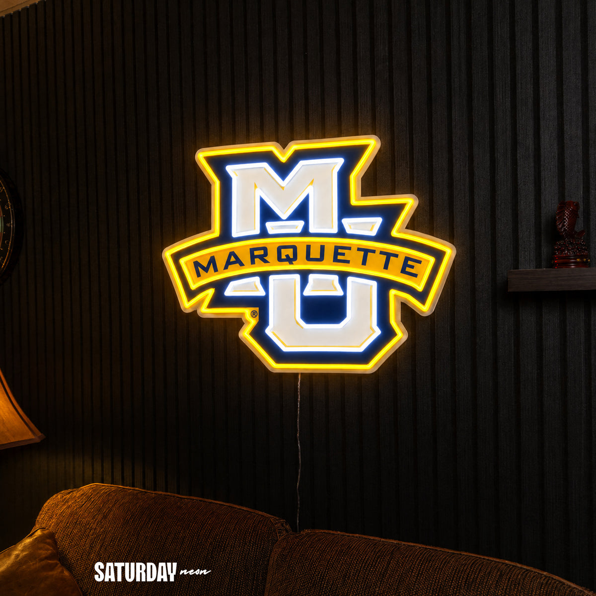 Marquette Golden Eagles MU LED Neon Sign - Max (32" x 24.26") above a couch - Saturday Neon