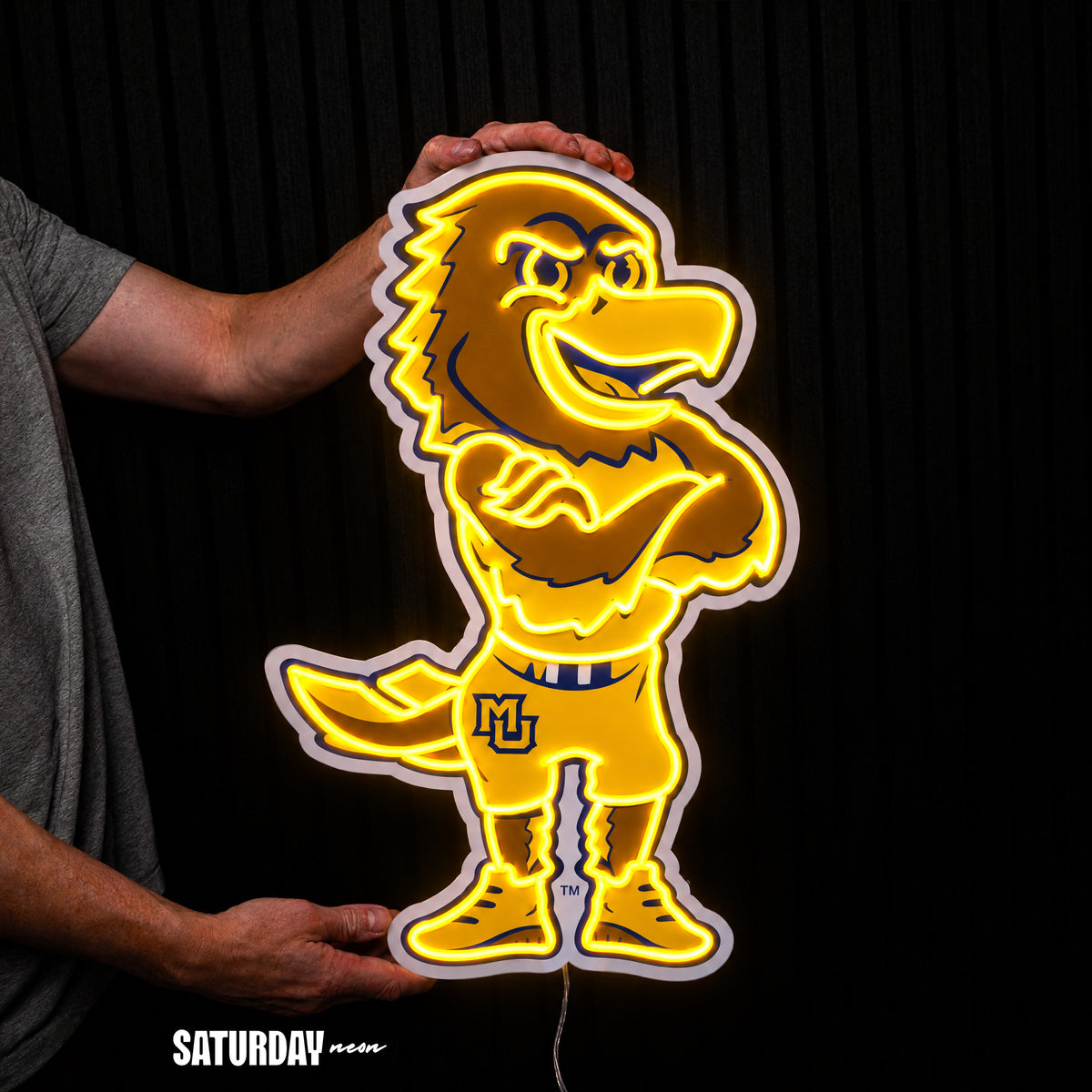 Marquette Golden Eagles Mascot LED Neon Sign - 15.53" x 24" held in hand for scale - Saturday Neon