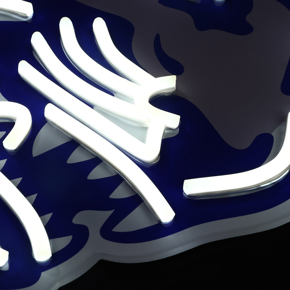 Memphis Tigers logo LED neon sign at a side angle, lit