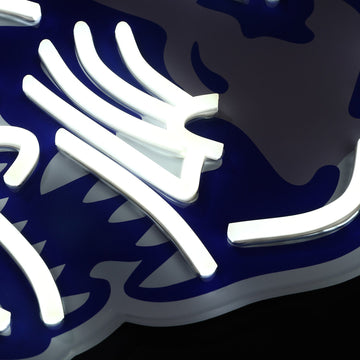 Memphis Tigers logo LED neon sign at a side angle, lit