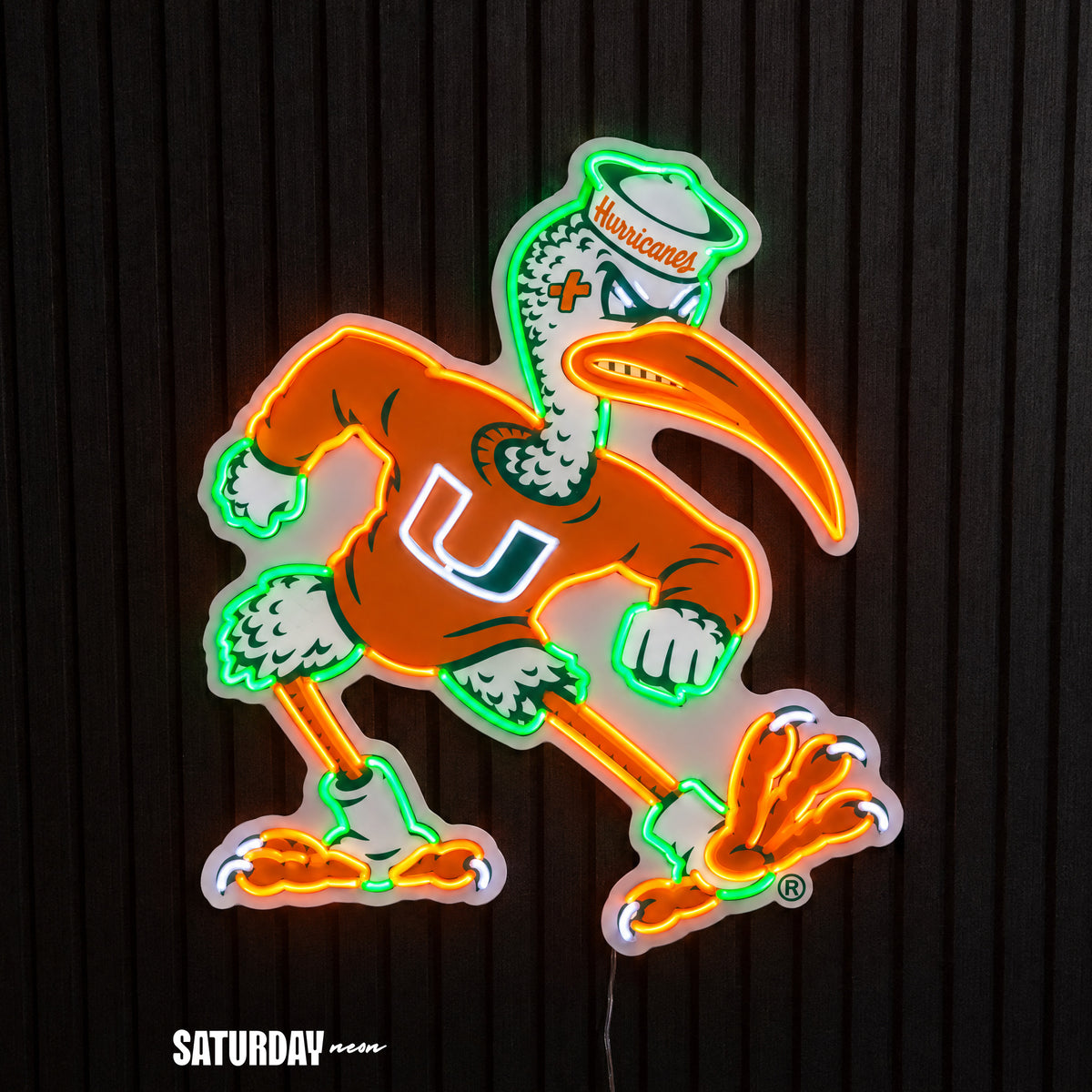 Miami Hurricanes Sebastian the Ibis Mascot LED Neon Sign - 21.49" x 24" - Saturday Neon