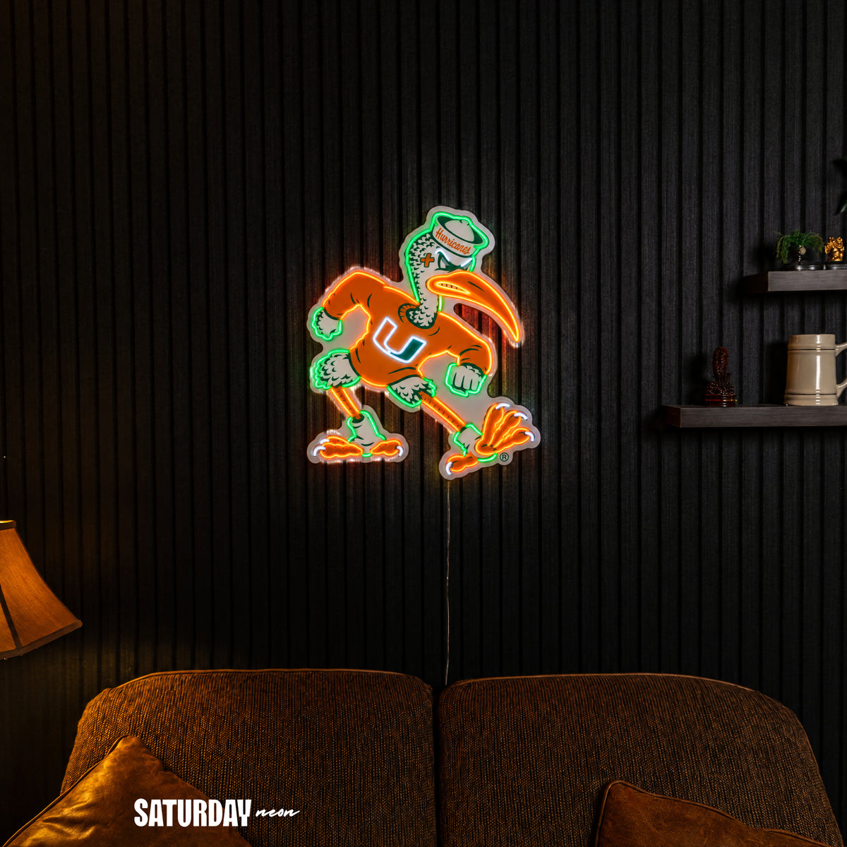 Miami Hurricanes Sebastian the Ibis Mascot LED Neon Sign - 21.49" x 24" in a living room - Saturday Neon