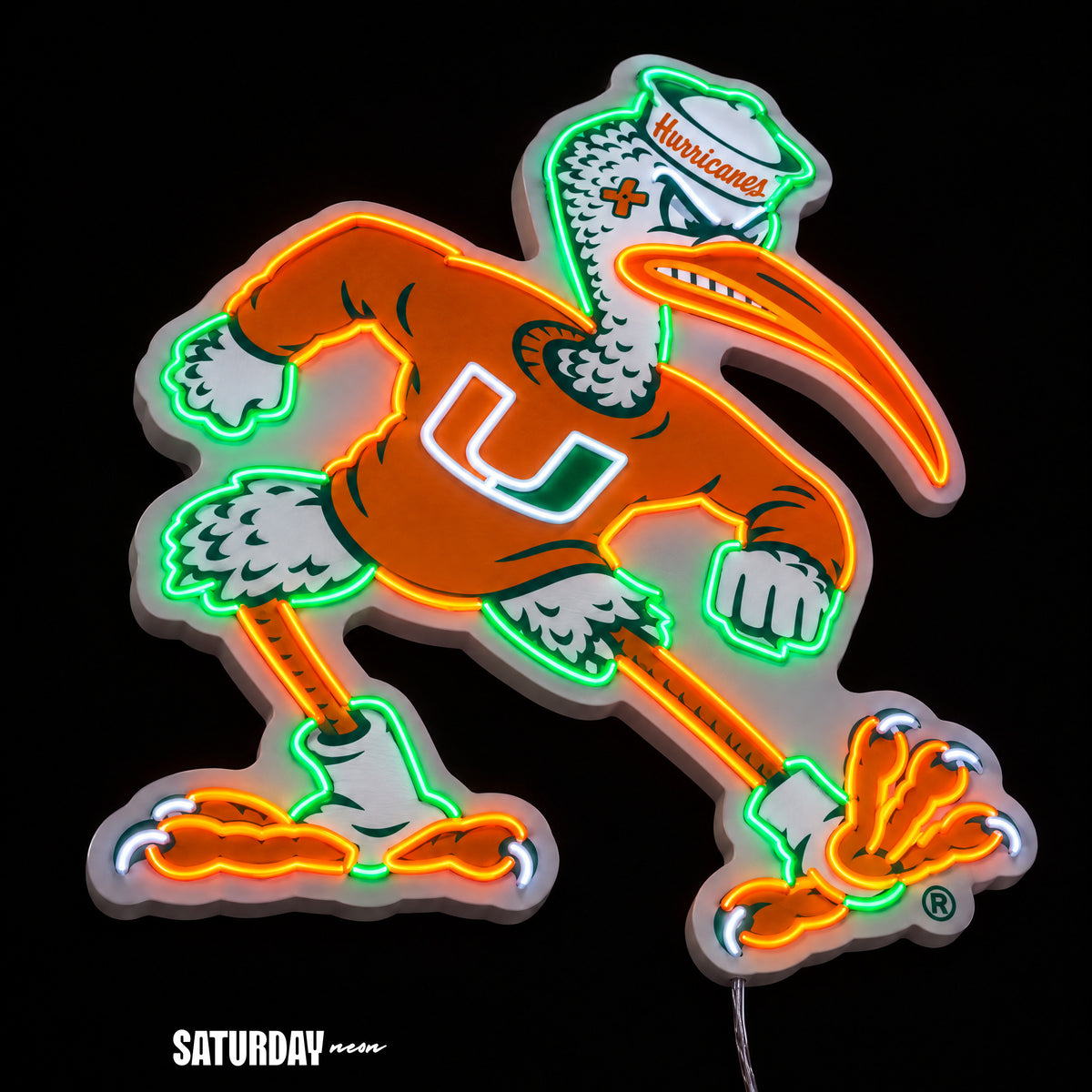 Miami Hurricanes Sebastian the Ibis Mascot LED Neon Sign - 21.49" x 24" close-up - Saturday Neon